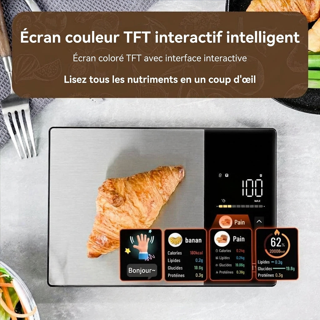 Balance de Cuisine Connectée Nutritionnelle Inox 5 kg avec écran TFT interactif affichant les nutriments
