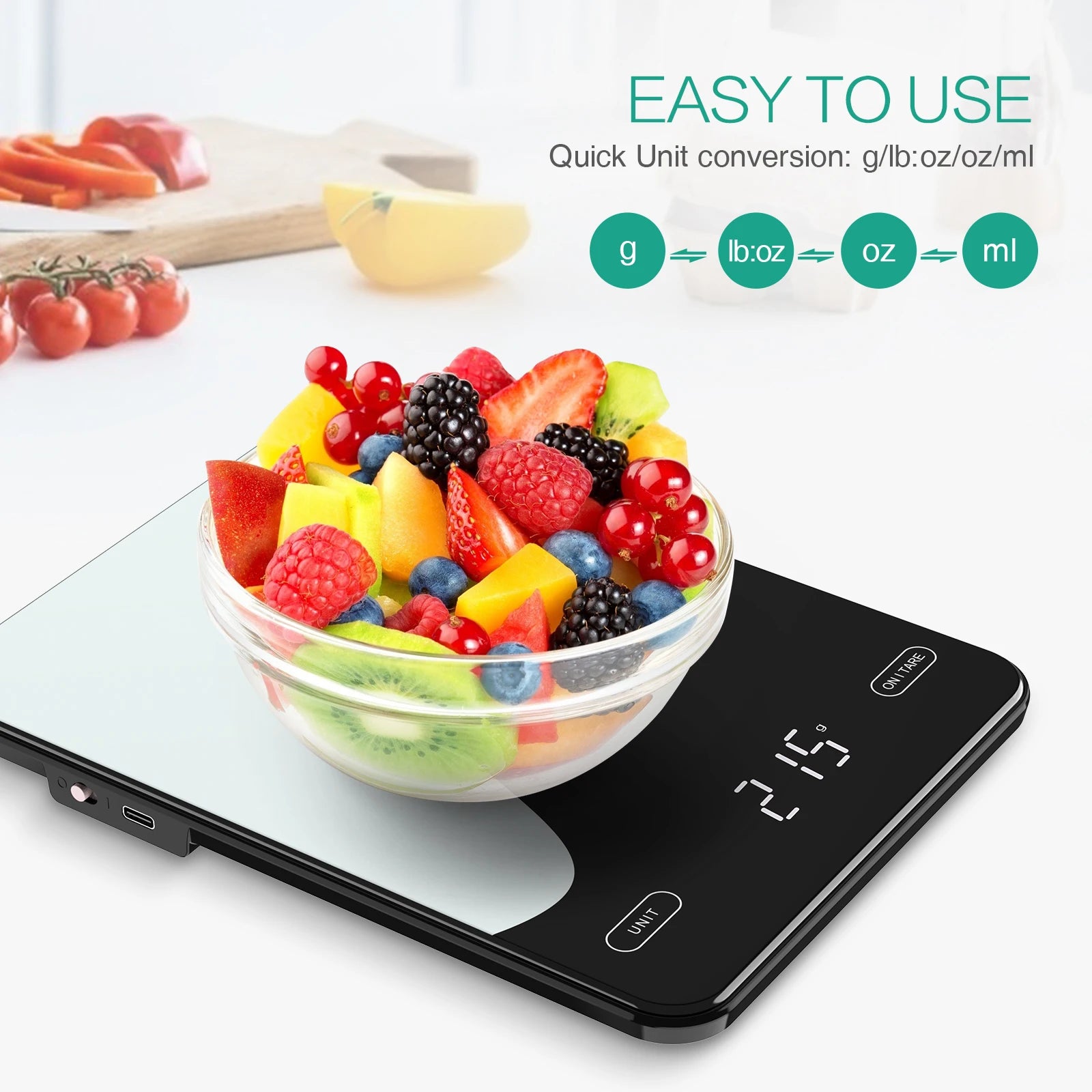 Balance de Cuisine Connectée – Smart Nutrition Scale 10kg avec bol de fruits colorés et écran digital facile à utiliser