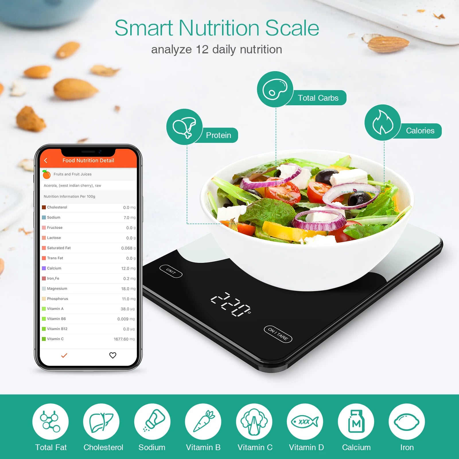 Balance de Cuisine Connectée – Smart Nutrition Scale 10kg affichant nutrition des aliments avec bol de salade et application mobile