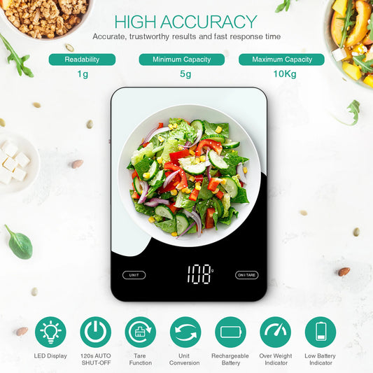 Balance de Cuisine Connectée – Smart Nutrition Scale 10kg affichant un bol de salade fraîche avec écran LED et fonctions tactiles