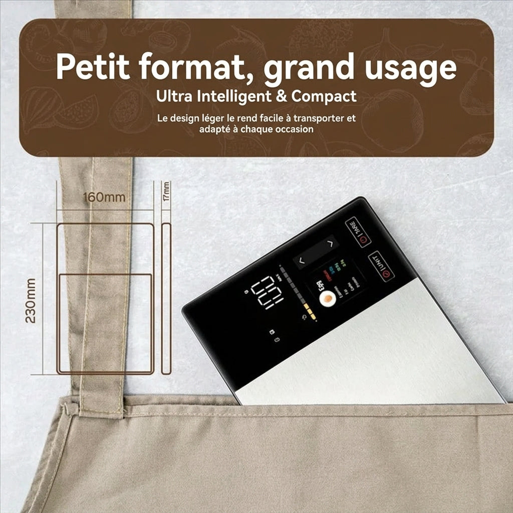 Balance de cuisine intelligente connectée avec application pour analyser vos aliments et mieux organiser vos repas, design compact.