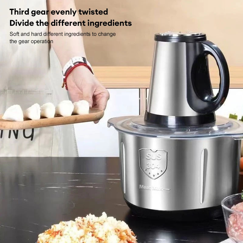 Hachoir Électrique Inox 5L – Puissant pour Viande et Légumes avec bol en acier inoxydable et poignée noire