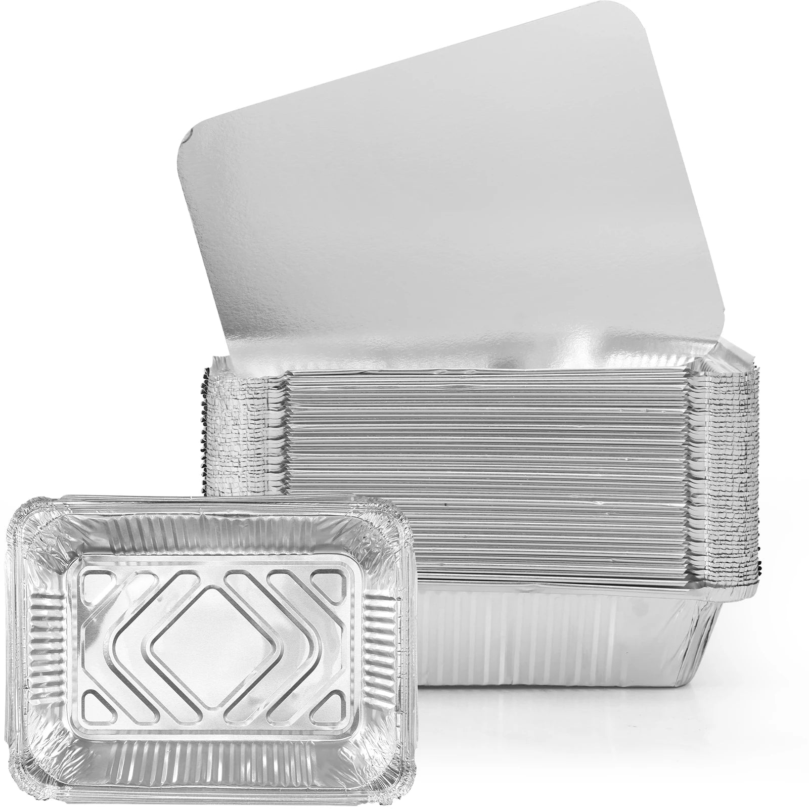 Barquettes Aluminium 1100ml avec Couvercle – Lot de 50 empilées avec un couvercle ouvert