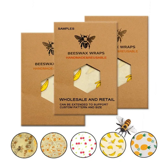 Pack Ustensile de chef de Wraps Alimentaires Réutilisables – Cire d’Abeille motifs banane, abeille et fruits