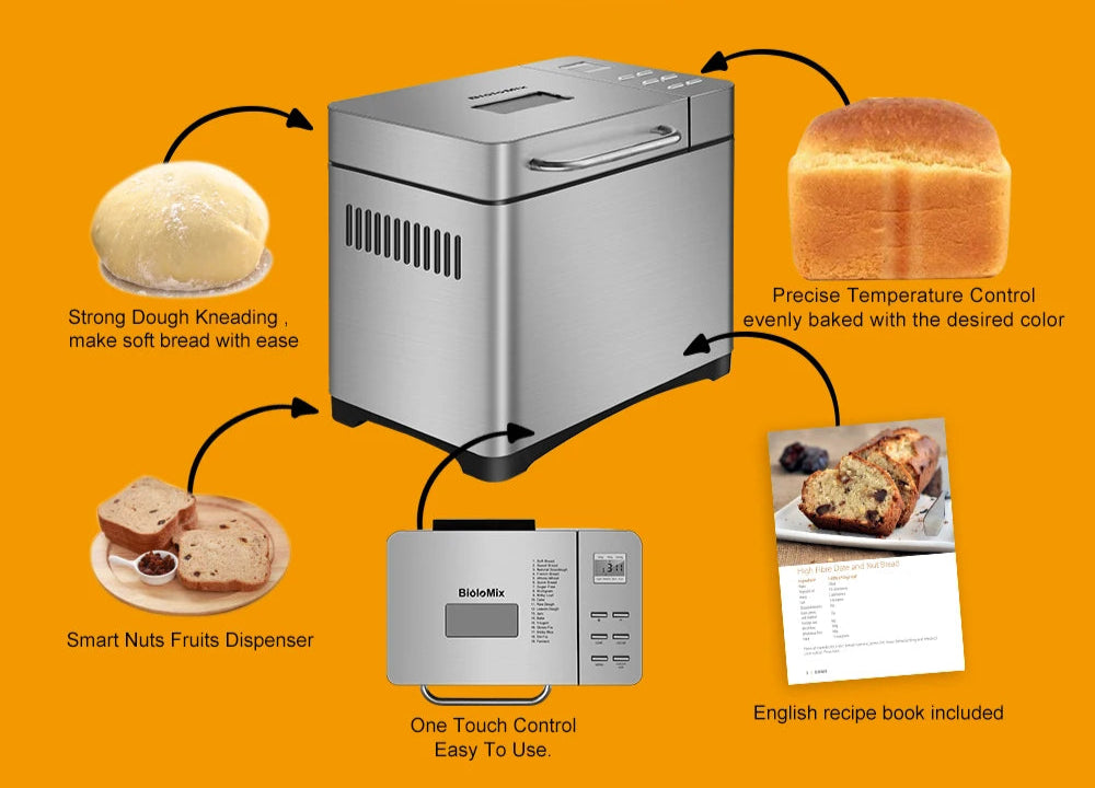Machine à Pain BioloMix 1KG – 19 Programmes Automatiques en acier inoxydable avec contrôle précis de la température et livre de recettes