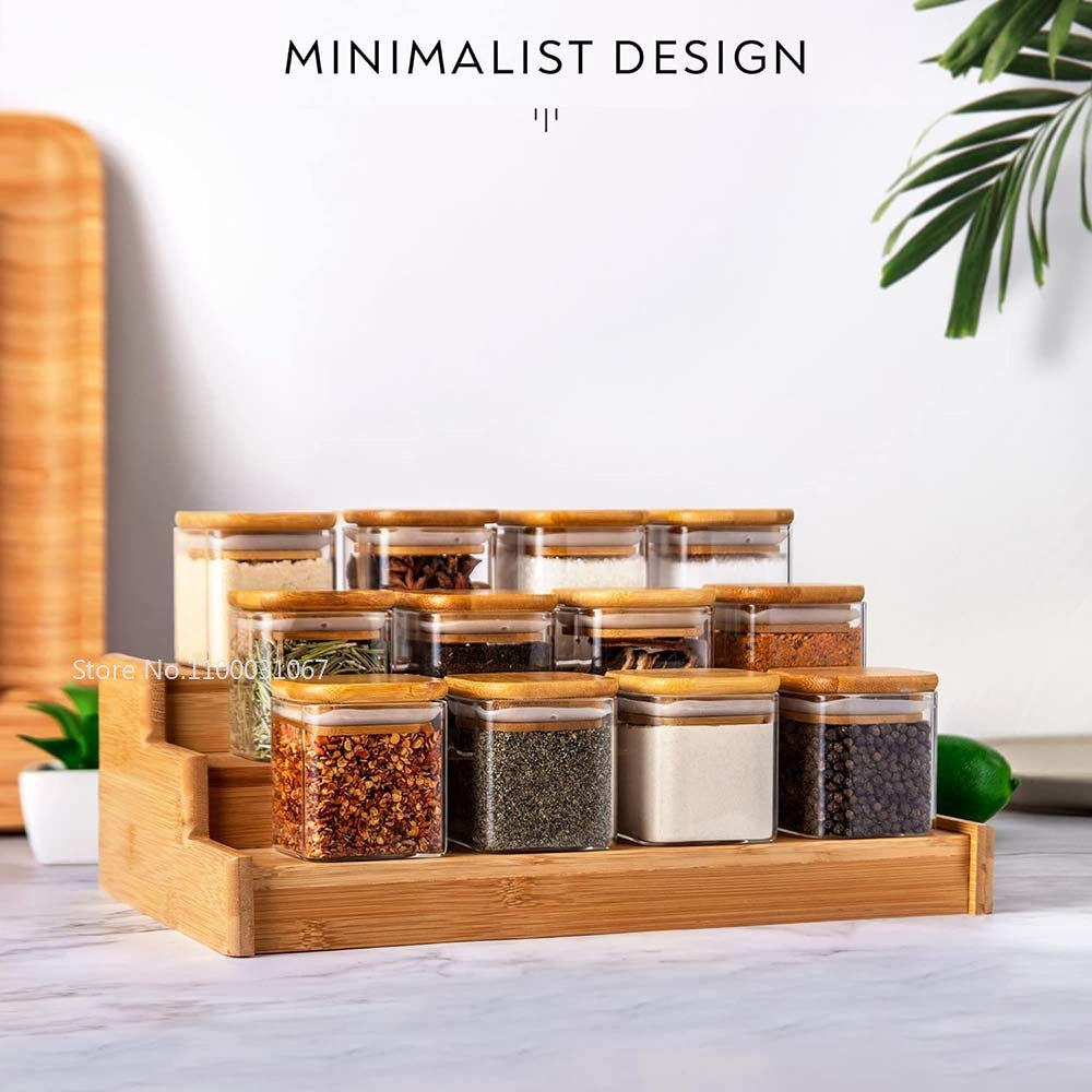 Bocal Hermétique en Verre Borosilicate avec Couvercle Bambou sur support en bois pour rangement des épices