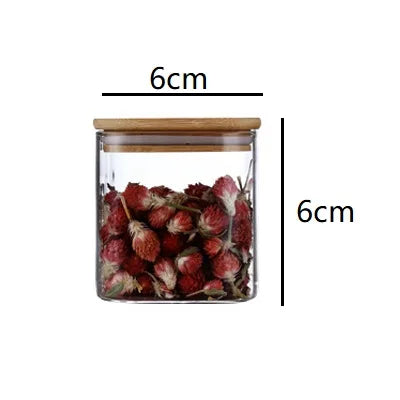 Bocal Hermétique en Verre Borosilicate avec Couvercle Bambou contenant des fleurs séchées rouge