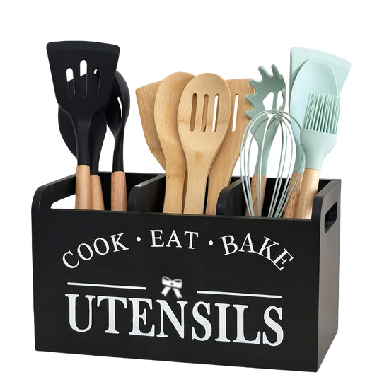 Range Couverts en Bois Naturel – 3 Compartiments Pratiques avec ustensiles de cuisine en bois et silicone