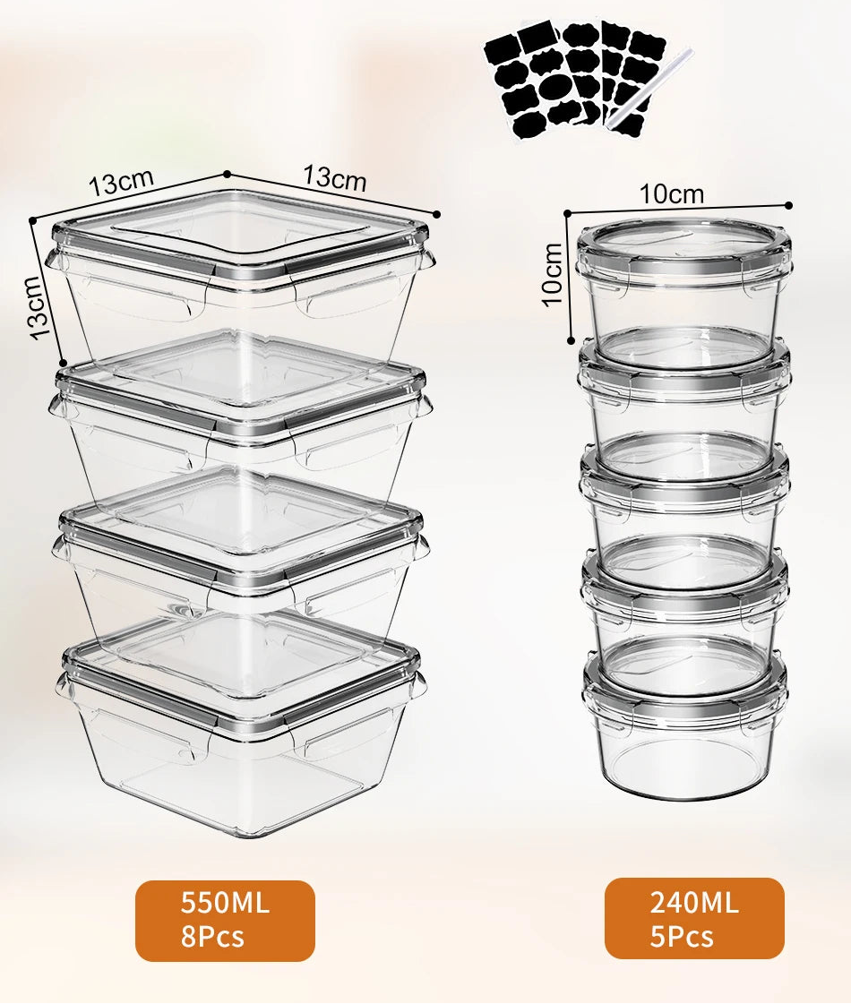 Boîte alimentaire hermétique 13 pièces en plastique transparent, 8 récipients de 550ML et 5 de 240ML