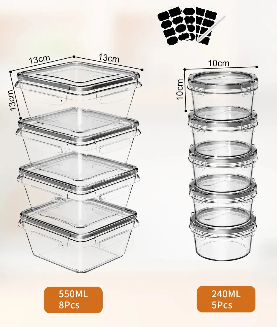 Boîte alimentaire hermétique 13 pièces en plastique transparent, 8 récipients de 550ML et 5 de 240ML