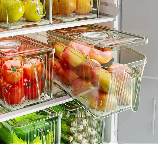 Boîte hermétique pour frigo avec égouttoir contenant des tomates et des pommes dans un réfrigérateur