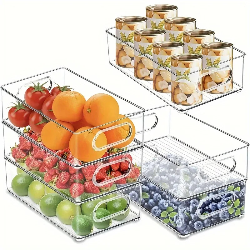 Boîte Rangement Frigo Empilable – Sans BPA et Pratique, set de quatre boîtes transparentes avec fruits et conserves