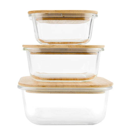 Boîtes en Verre Borosilicate & Bambou Ustensile de chef ensemble de trois contenants de cuisine empilés