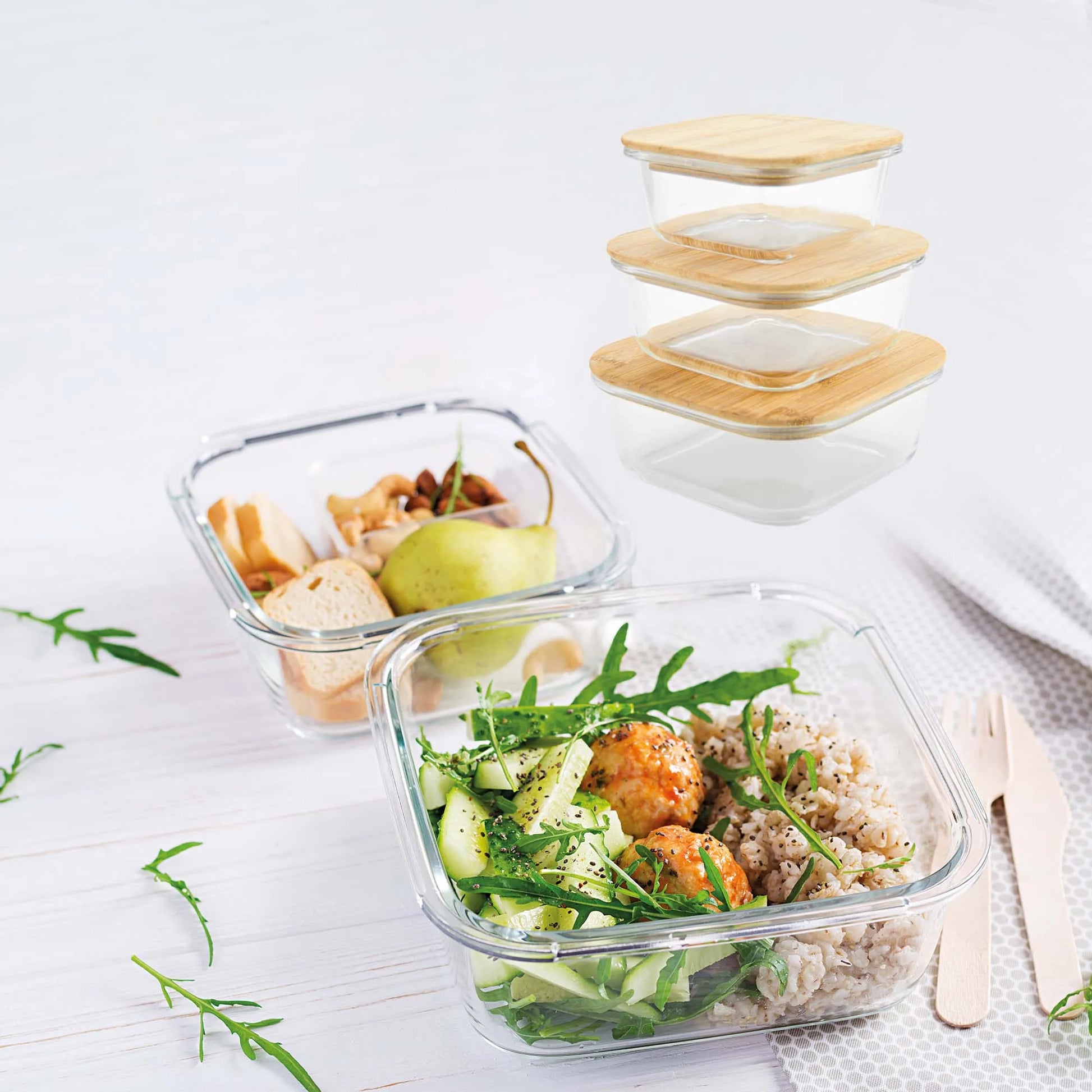 Boîtes en Verre Borosilicate & Bambou Ustensile de chef avec repas sain de légumes, riz et fruits