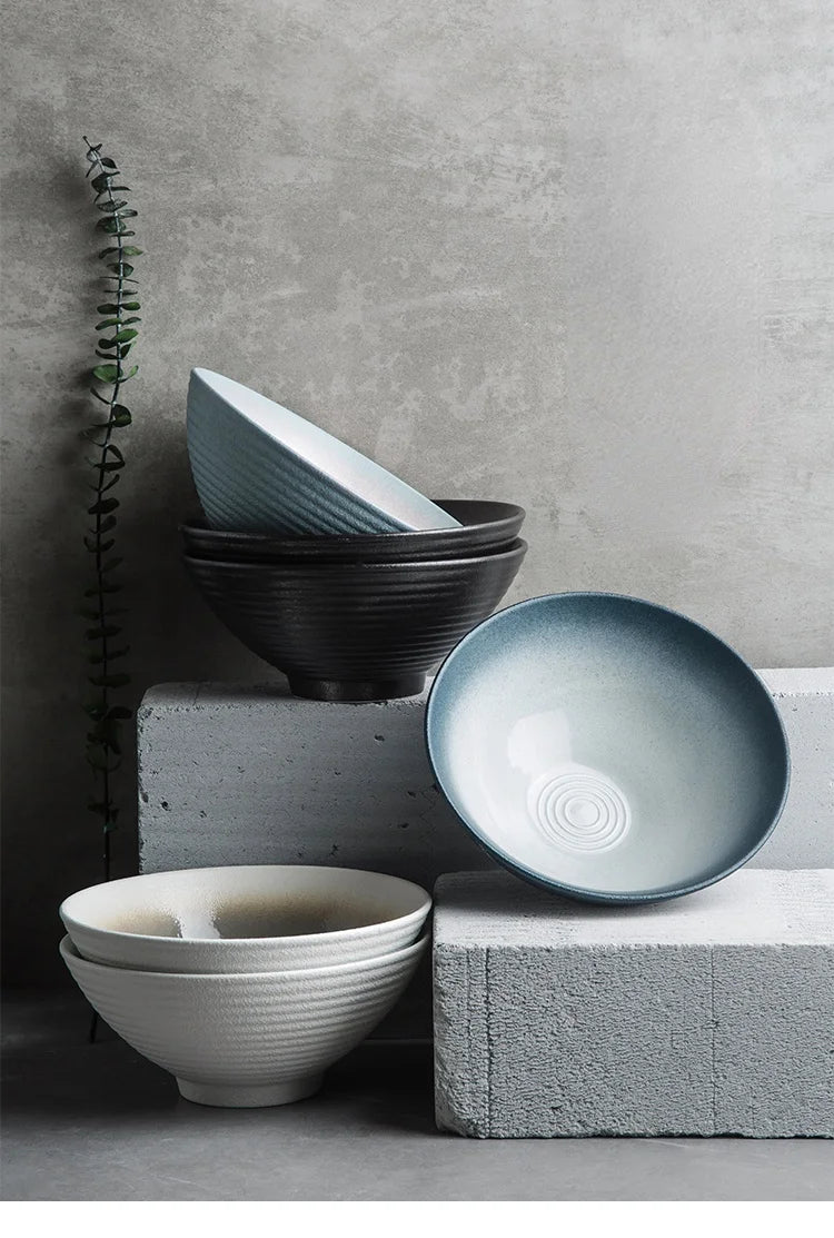 Bol en Céramique Émaillée 20,3 cm – Style Rétro en plusieurs couleurs empilés sur des blocs de béton