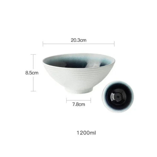 Bol en Céramique Émaillée 20,3 cm – Style Rétro blanc avec intérieur bleu, capacité 1200 ml, dimensions affichées