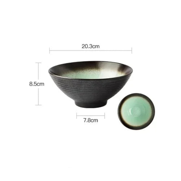 Bol en Céramique Émaillée 20,3 cm – Style Rétro avec finition noire et verte dimensions détaillées