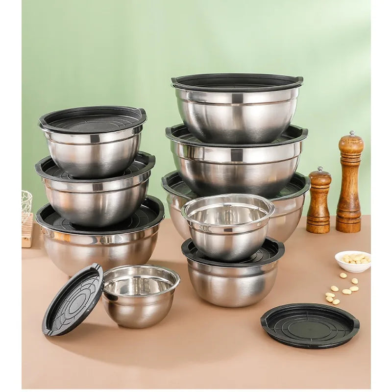 Ensemble de bols en acier inoxydable avec couvercles noirs Bol Inox Antidérapant avec Couvercle – 20 24 30 cm