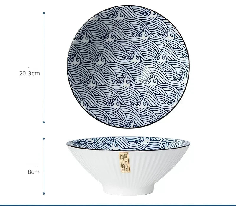 Bol Japonais en Porcelaine – Élégance Zen et Artisanat avec motifs de vagues bleues et dimensions 20.3 cm de diamètre
