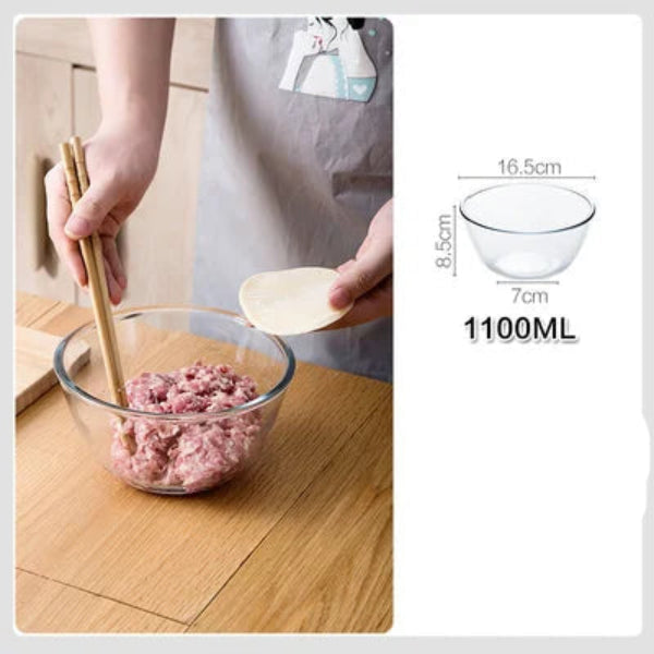 Bol Verre Résistant pour Cuisine – 4 Tailles Disponibles bol transparent de 1100 ml utilisé pour mélanger de la viande hachée