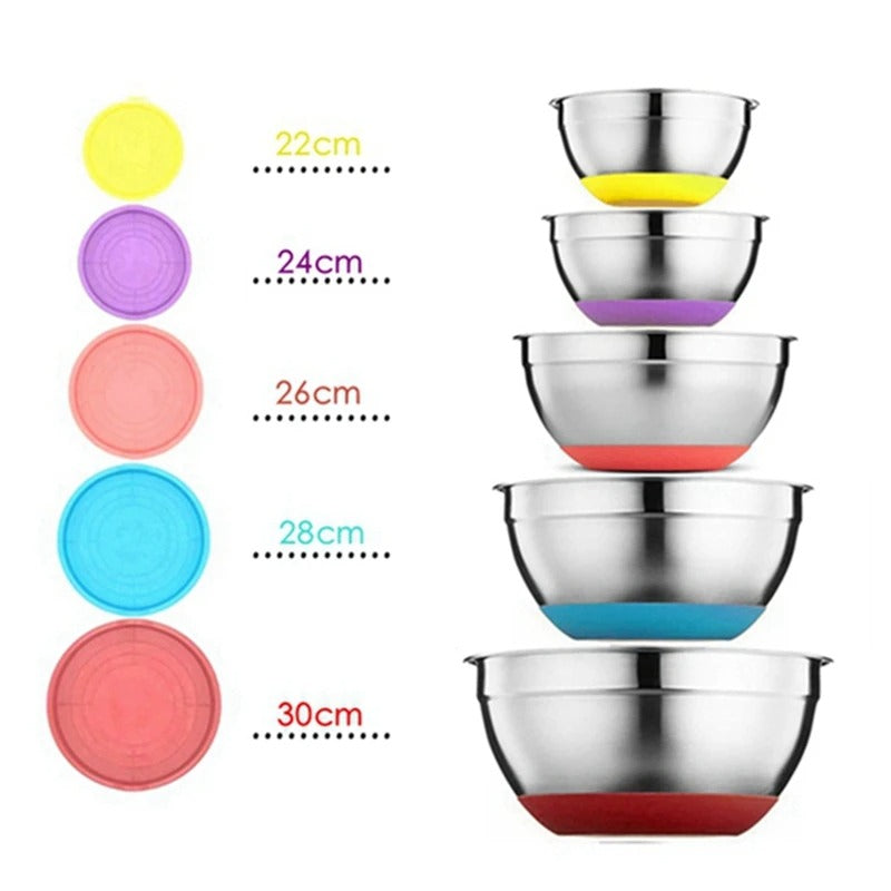 Jeu de Bols à Mélanger Inox 304 avec Couvercle de différentes tailles empilés pour une cuisine organisée