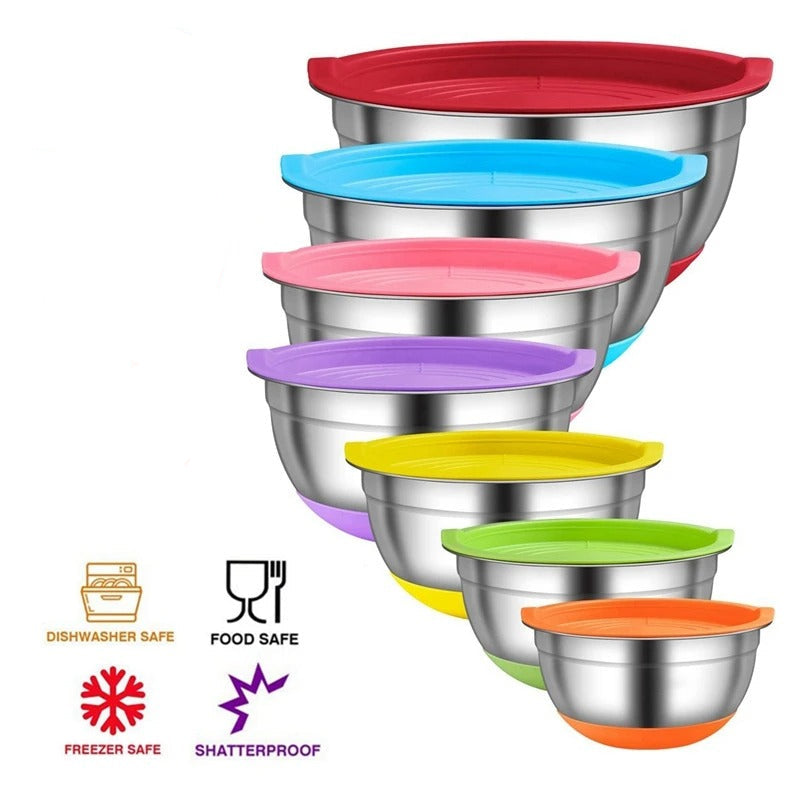 Bols à Mélanger Inox 304 avec Couvercle de différentes couleurs empilés pour une organisation pratique en cuisine