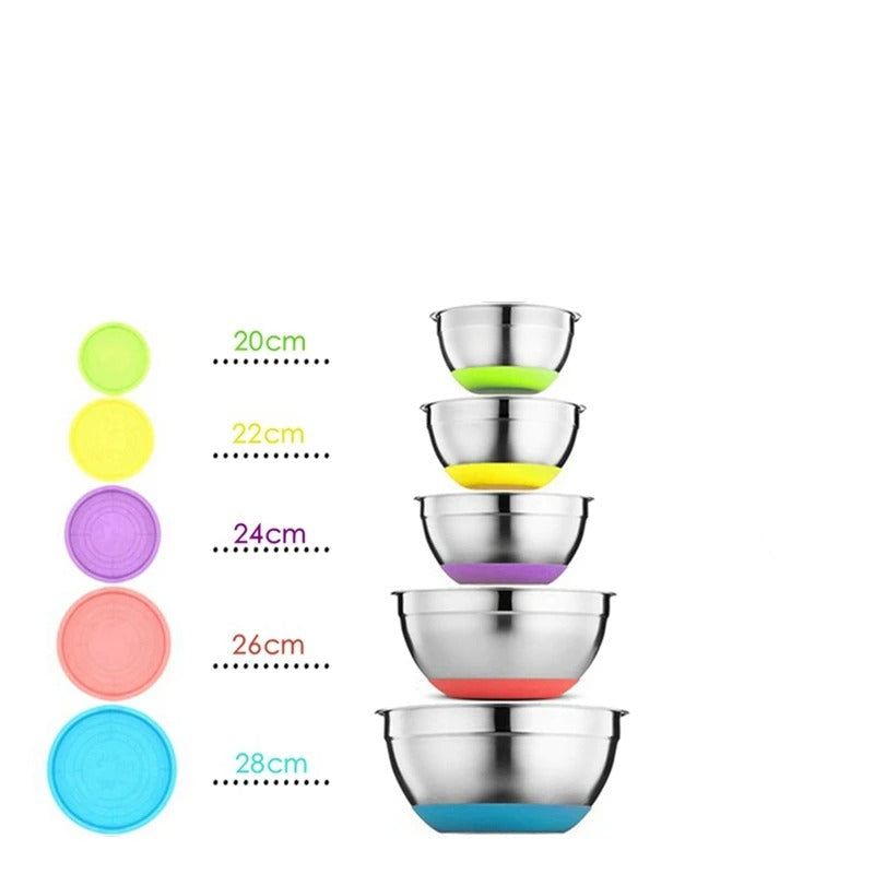 Ensemble de Bols à Mélanger Inox 304 avec Couvercle en différentes tailles empilés pour la cuisine