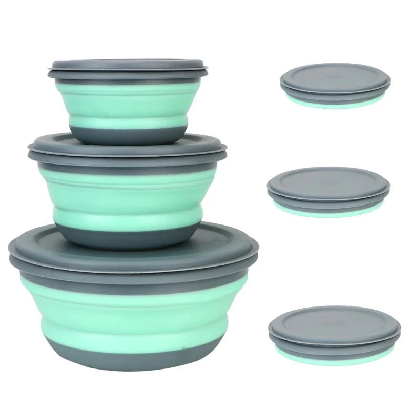 Bols Pliables Silicone x3 – Nomades, Hermétiques, Écolos de couleur verte avec couvercles gris par Ustensile de chef