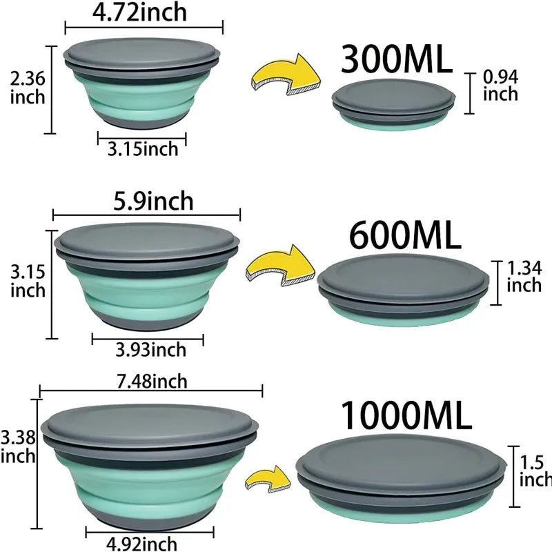 Bols Pliables Silicone x3 – Nomades, Hermétiques, Écolos en trois tailles avec couvercles gris
