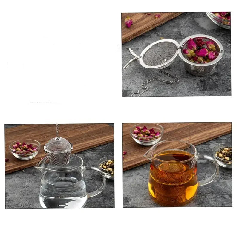 Boule à Thé Inox Multifonction – Infuseur Thé & Épices en inox avec des fleurs dans une tasse d'eau chaude
