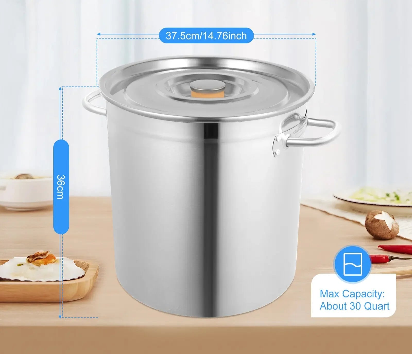 Marmite Inox 35L avec Couvercle – Grande Capacité – Acier Inoxydable Bymaocar avec des dimensions précises