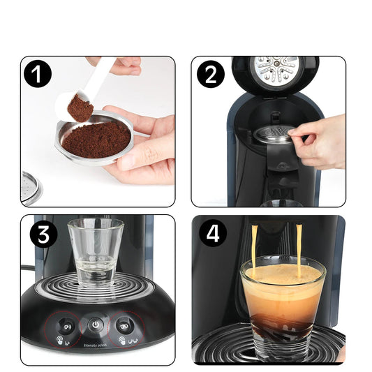 Capsule Réutilisable Senseo – Café Écologique et Économique en utilisation avec machine à café, remplissage et extraction