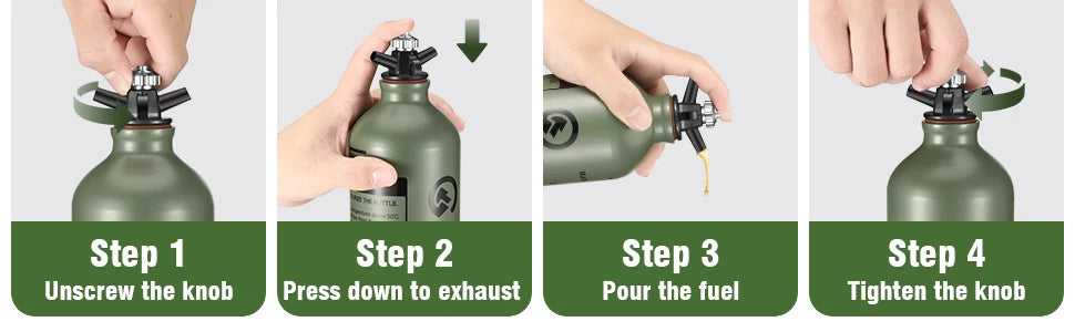 Instructions d'utilisation de la Bouteille Carburant Liquide 0,5L & 1L – Réchaud Outdoor pour verser et sécuriser le carburant