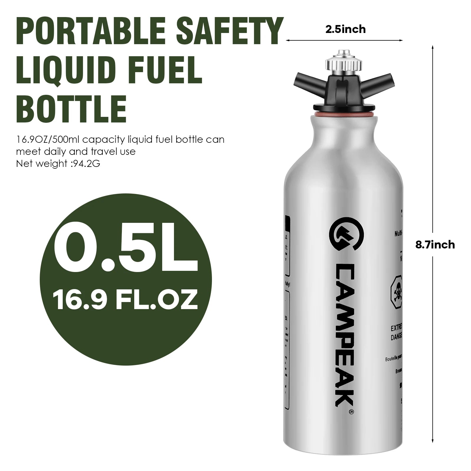 Bouteille Carburant Liquide 0,5L & 1L – Réchaud Outdoor en aluminium portable avec mesure de capacité