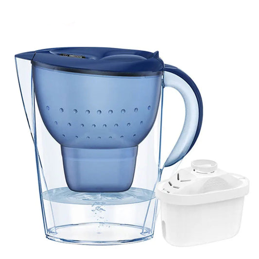 Carafe Filtrante 3,5L Eau Pure – Charbon Actif + Minuteur avec filtre blanc et design bleu transparent