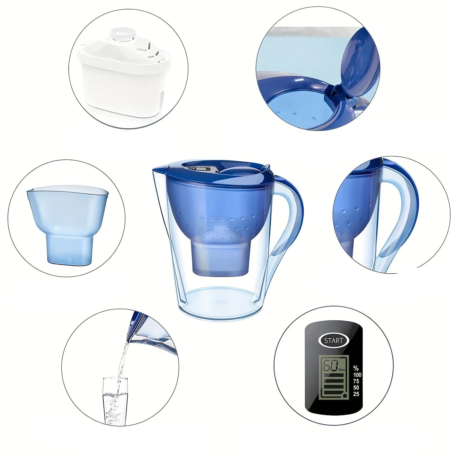 Carafe Filtrante 3,5L Eau Pure – Charbon Actif + Minuteur avec design bleu et filtre intégré