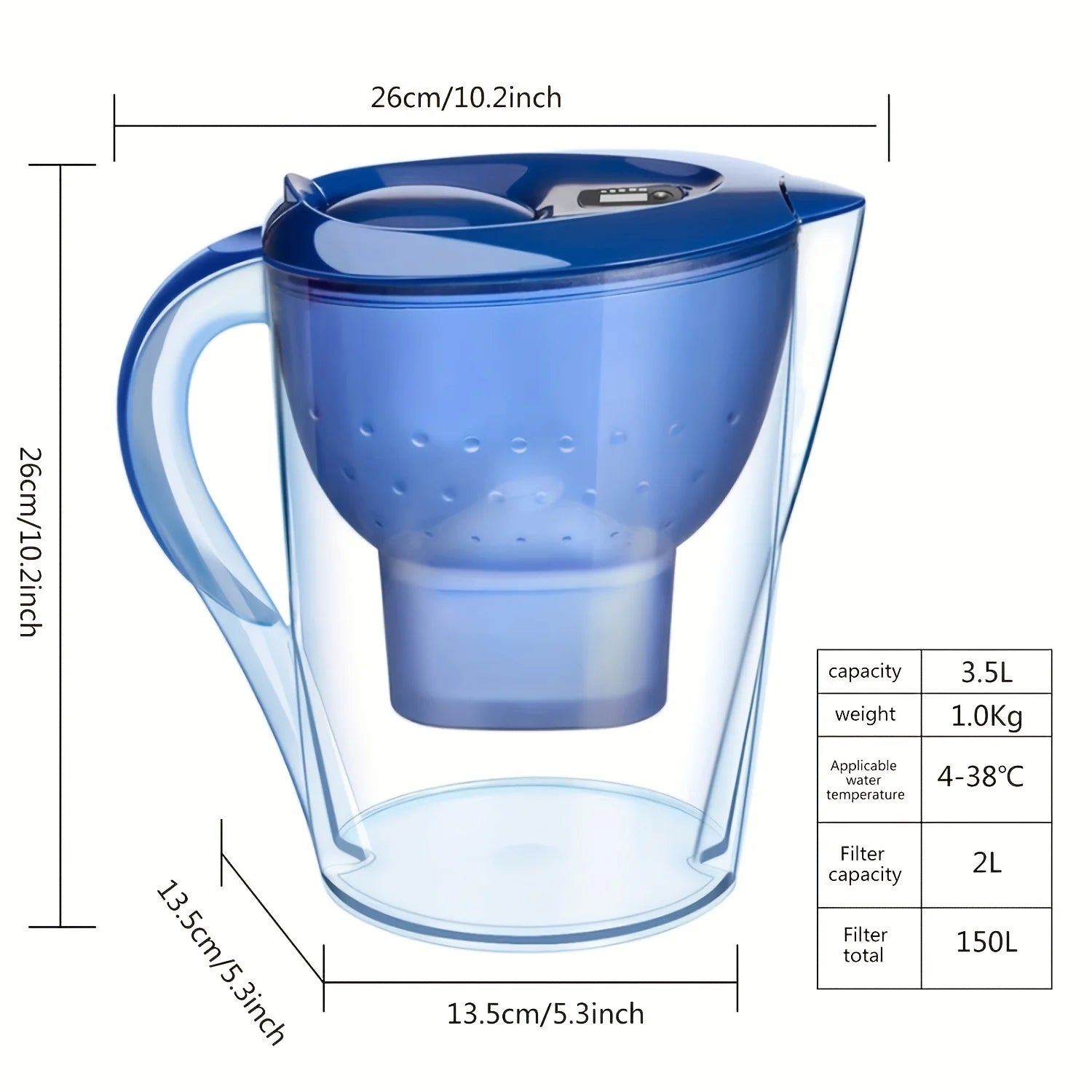 Carafe Filtrante 3,5L Eau Pure – Charbon Actif + Minuteur avec design transparent bleu et poignée ergonomique