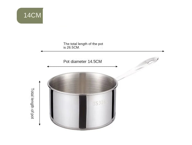 Casserole en acier inoxydable de qualité supérieure 12/14/16 cm avec une longueur totale de 26,5 cm et un diamètre de 14,5 cm