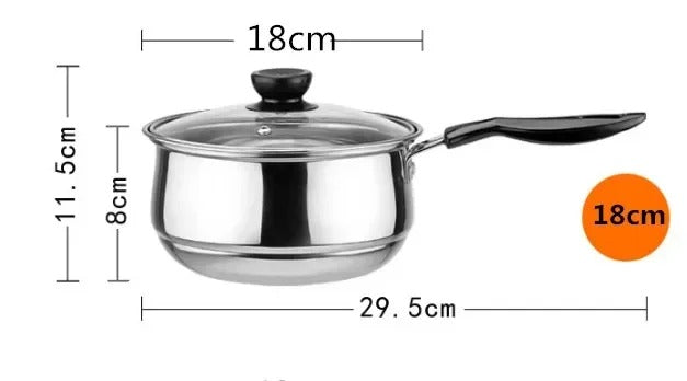 Casserole en acier inoxydable double fond de 18cm, compatible gaz et induction avec couvercle en verre.