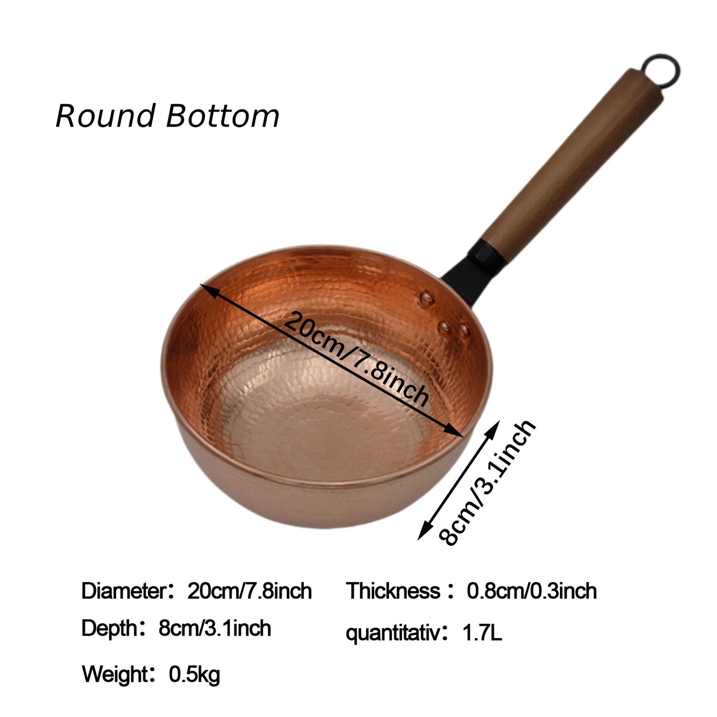Casserole en cuivre 20 cm – Compatible Induction et Gaz avec fond rond et poignée ergonomique en bois