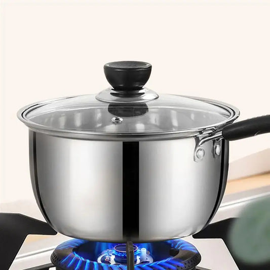 Casserole Inox avec Couvercle en verre 20 cm sur feu de gaz avec poignée noire
