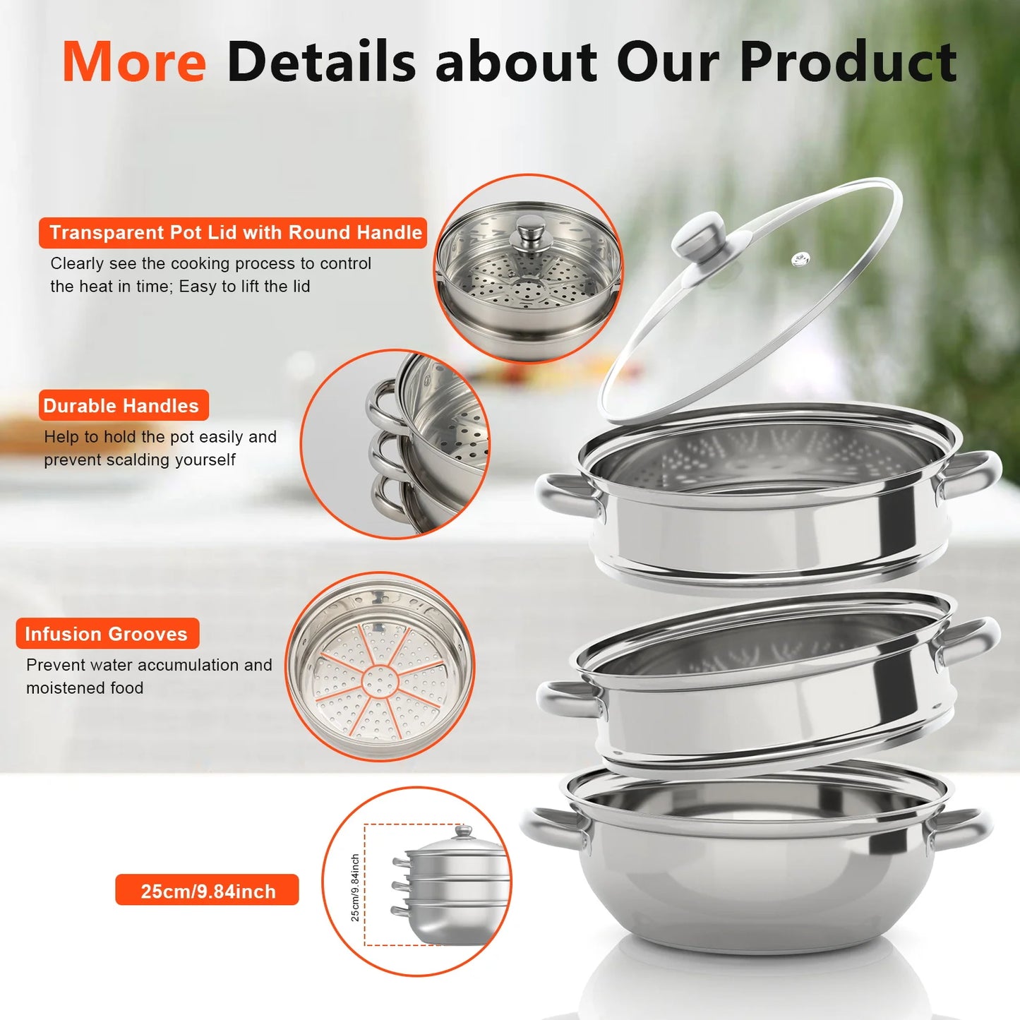 Cuit vapeur inox 3 niveaux – Cuisson saine rapide, ensemble inox 25 cm avec couvercle verre et poignées ergonomiques