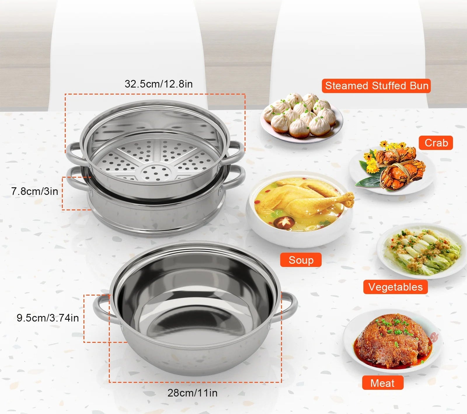 Cuit vapeur inox 3 niveaux – Cuisson saine rapide. Cuit-vapeur inox 3 étages avec anses pour légumes, soupe et dim sum