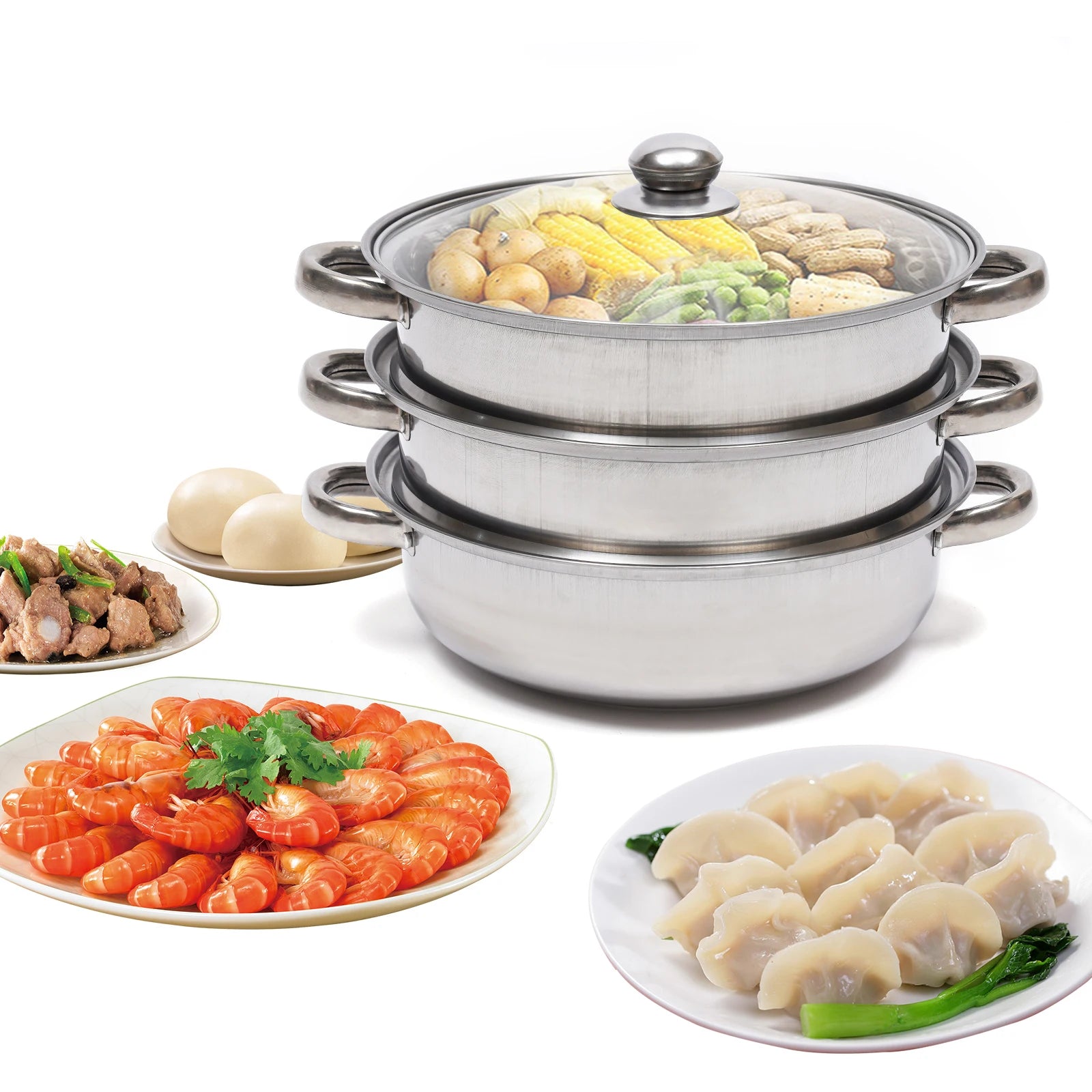 Cuit vapeur inox 3 niveaux – Cuisson saine rapide. Ustensile de chef en inox empilé avec légumes, crevettes et raviolis