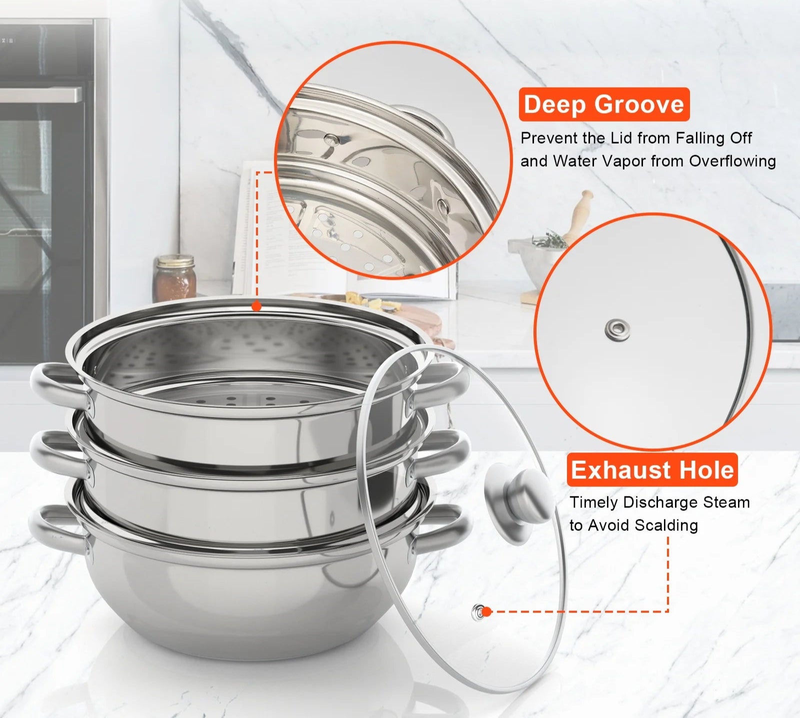 Cuit vapeur inox 3 niveaux – Cuisson saine rapide, panier vapeur empilable 3 étages en inox avec couvercle verre