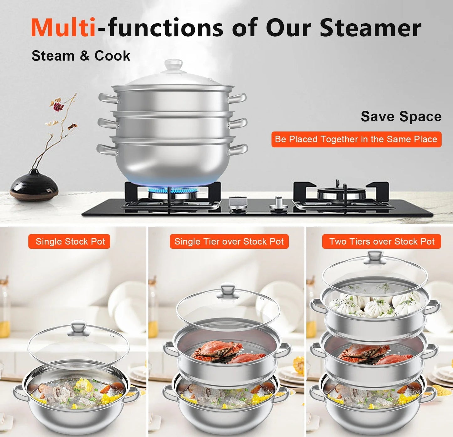 Cuit vapeur inox 3 niveaux – Cuisson saine rapide montrant marmite inox empilable sur gazinière avec légumes et fruits de mer