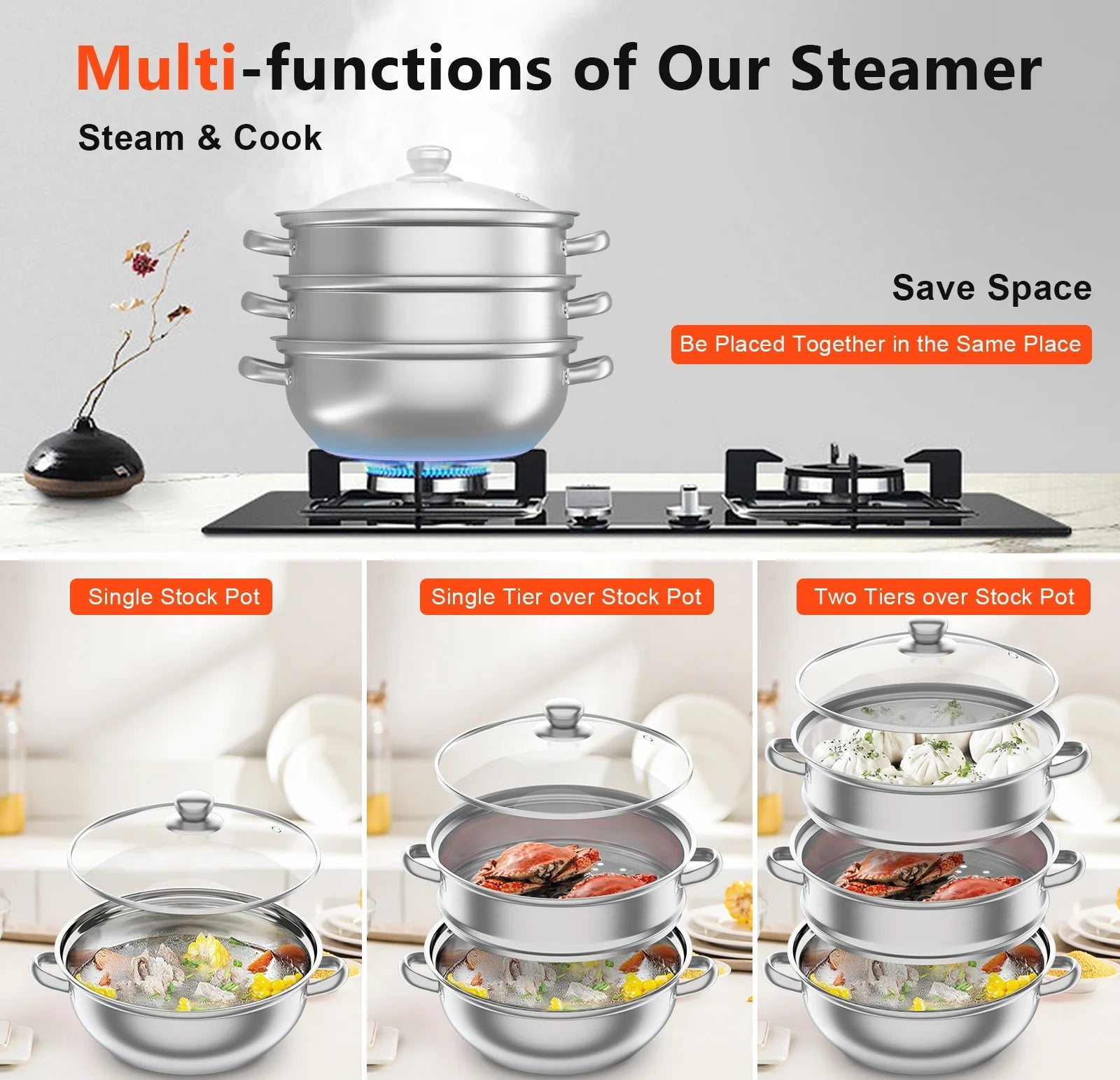 Cuit vapeur inox 3 niveaux – Cuisson saine rapide montrant marmite inox empilable sur gazinière avec légumes et fruits de mer