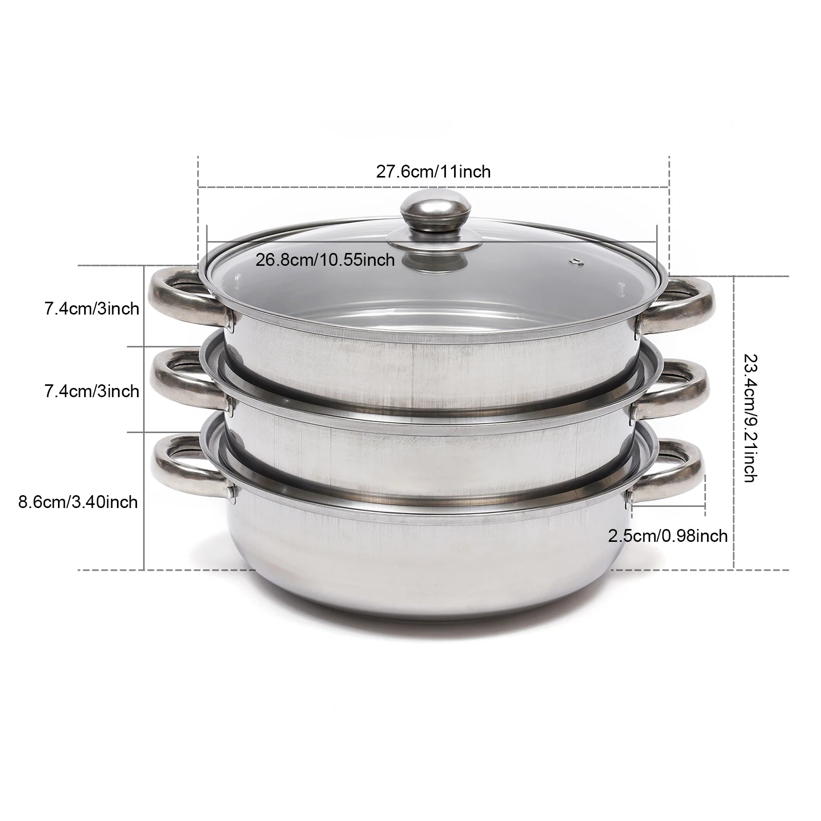 Cuit vapeur inox 3 niveaux – Cuisson saine rapide Ustensile de chef 3 étages empilables avec couvercle en verre