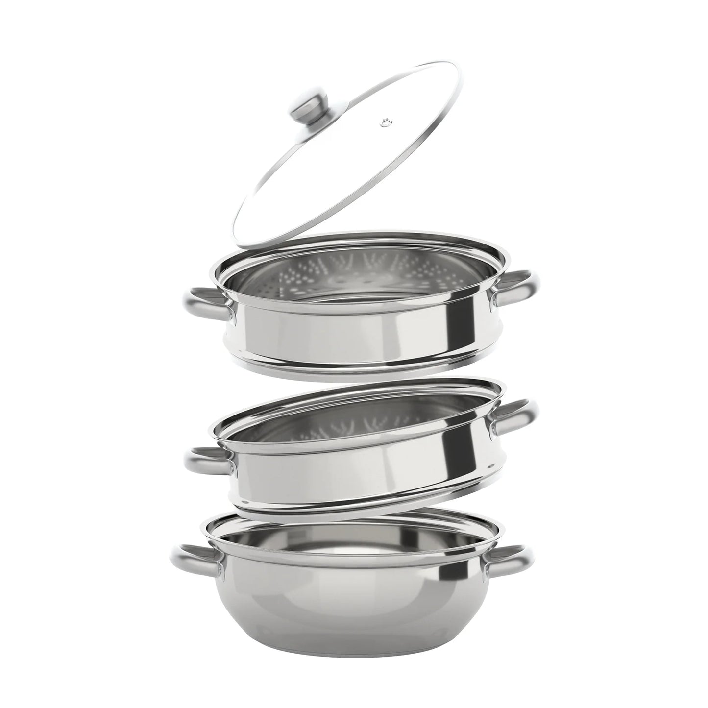 Cuit vapeur inox 3 niveaux – Cuisson saine rapide Ustensile de chef empilable en acier inoxydable avec couvercle en verre