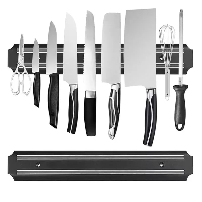 Barre Magnétique Couteaux Inox – 20/33/38 cm. Support mural inox avec couteaux, ciseaux et ustensiles de cuisine alignés